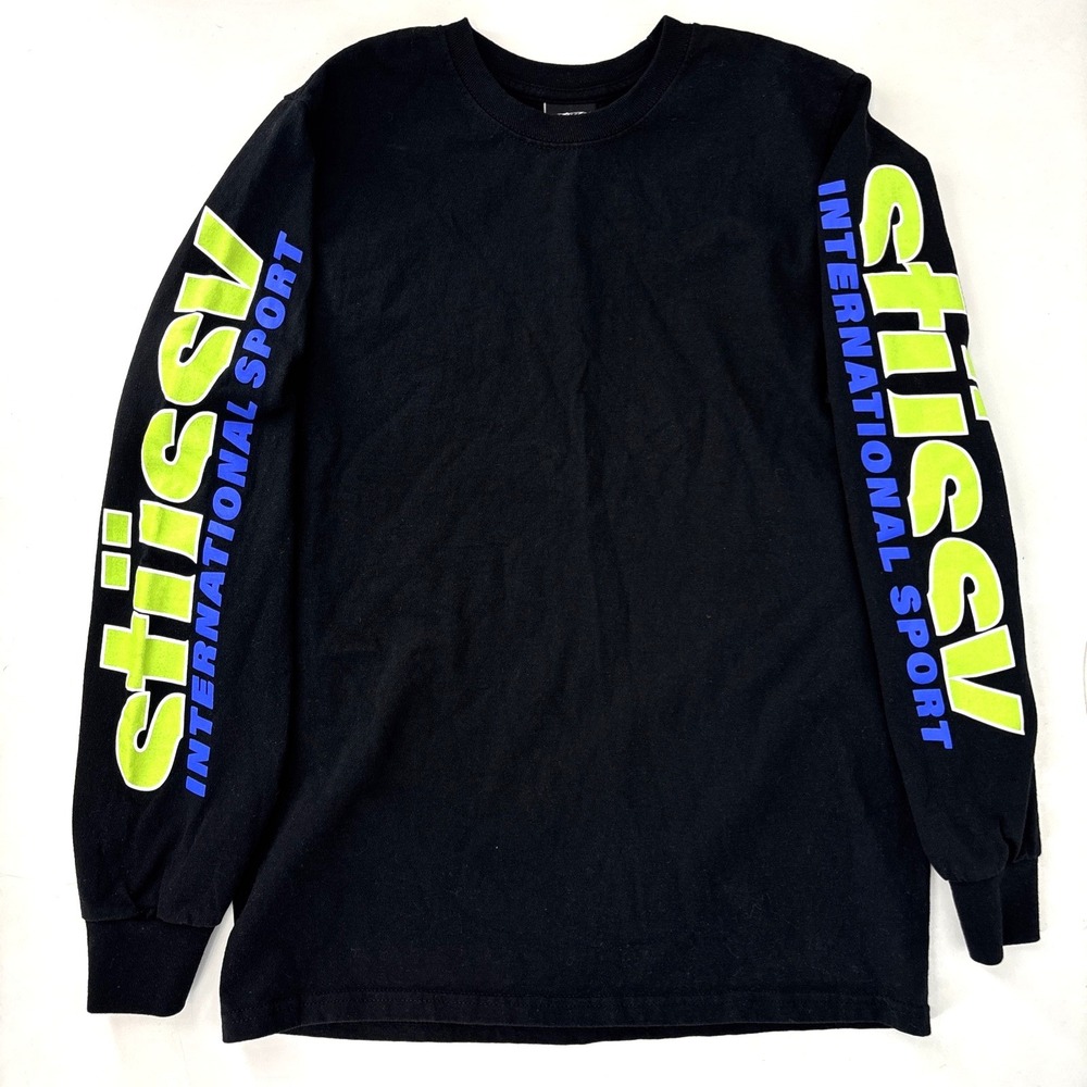 Men's Size S Stussy‎ Corp. International Sport Black Long Sleeve Shirt Spell Out